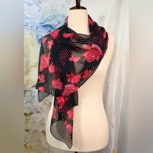 Sheer chiffon Black white polka dot Pink rose Scarf 19x60 old money lux feminine